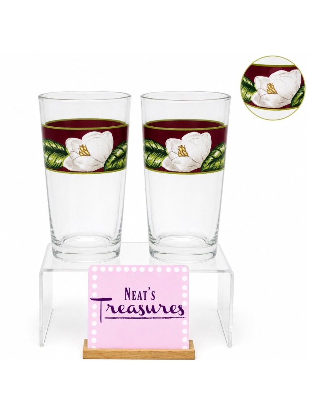 Tienshan MAGNOLIA Top Band Glassware Flat Glass 18 oz Tumbler Glasses Set of 2